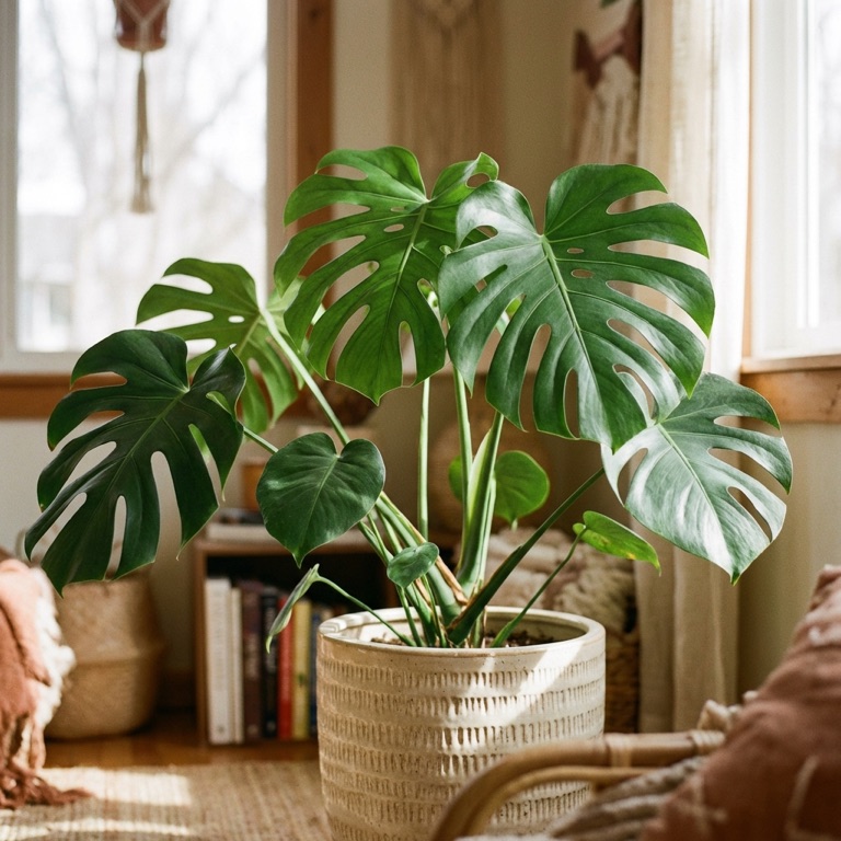 A Monstera growing beside a bright window