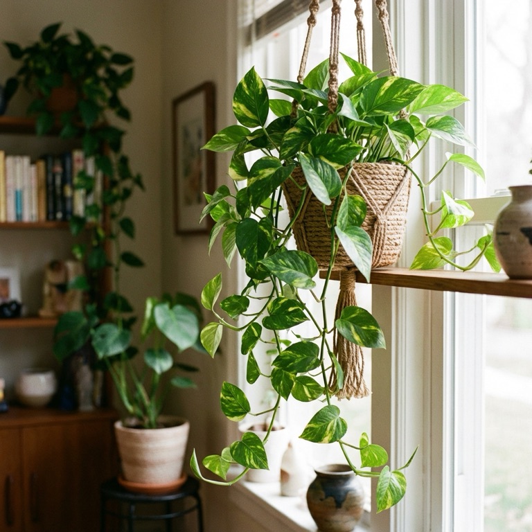 Trailing green Pothos leaves in a home setting