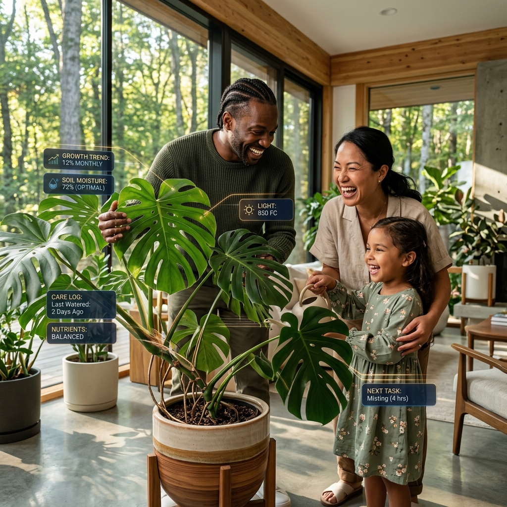 A family laughing and caring for their indoor plants together, showing their digital garden legacy.