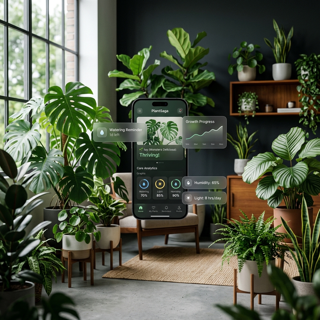 PlantSaga App Interface in Indoor Jungle