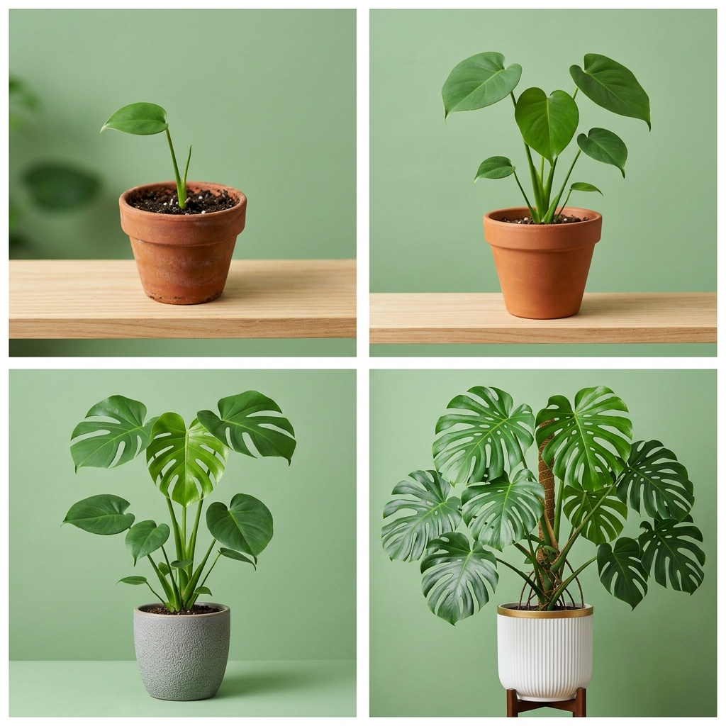 Illustration of a Monstera developing from a small cutting into a leafy plant